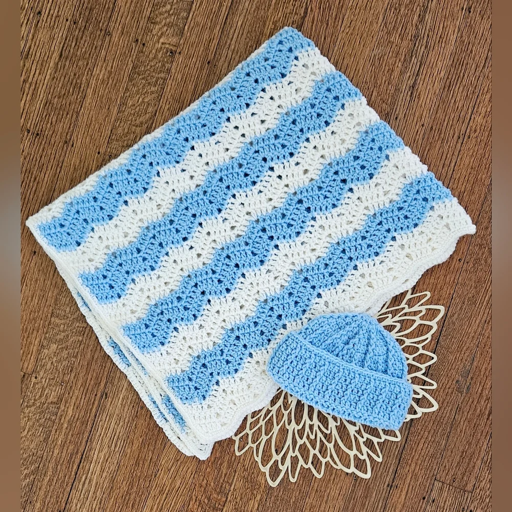 Handmade Crochet Baby Blanket and Matching Cap Size 30 x 36